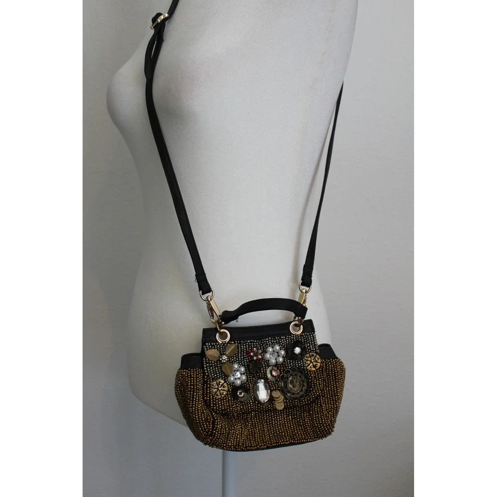 Free People Beaded Embellished Crossbody Bag Black Gold Pearl Crystal Boho Small